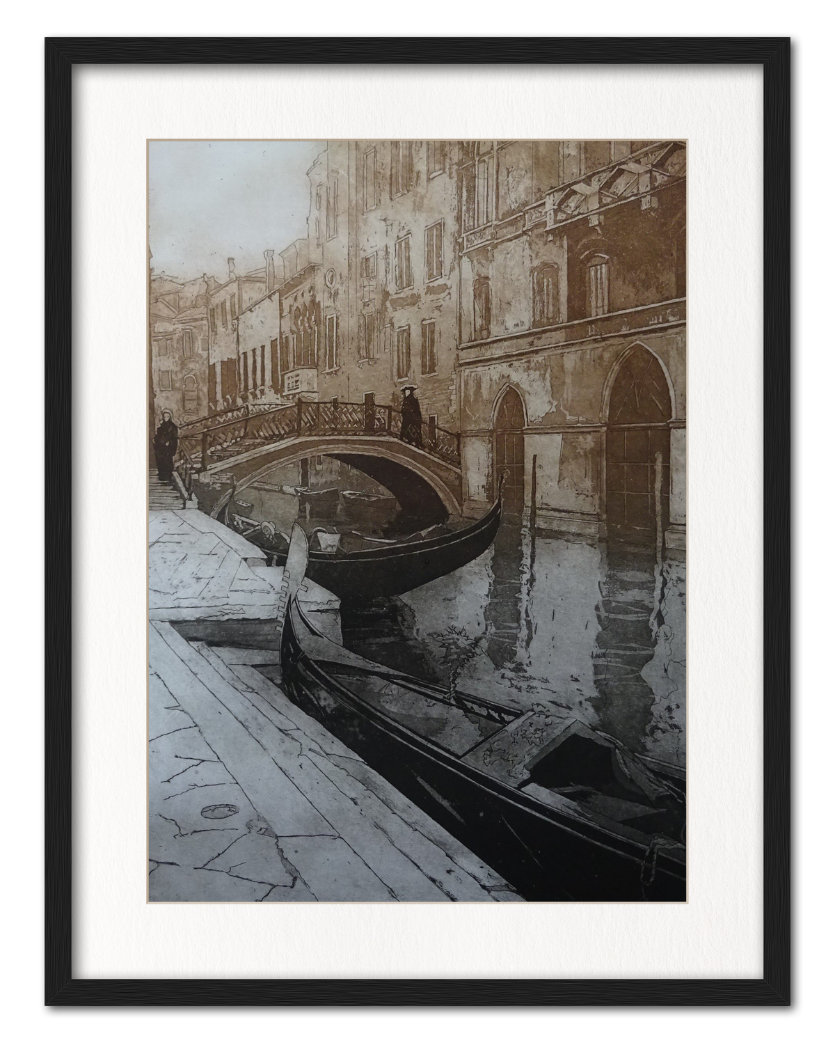 Gondolas and Bridge, Venice shown in a frame as an example. (Framed prints available on request.)