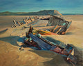 Oil painting of the blue-painted bow of the Sea Mack wreck on the sand at Crow Point, Saunton Sands, North Devon