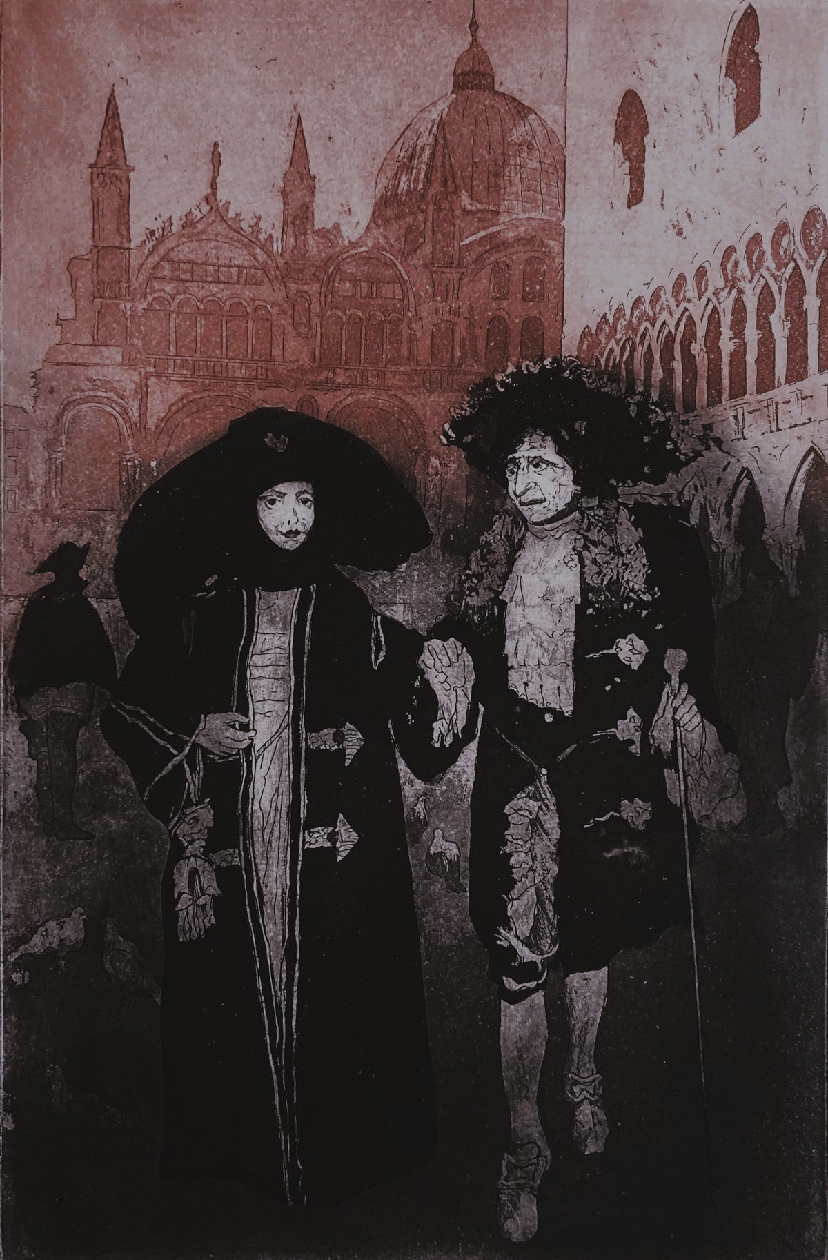 Etching of two masked Carnival figures in Piazza San Marco, Venice