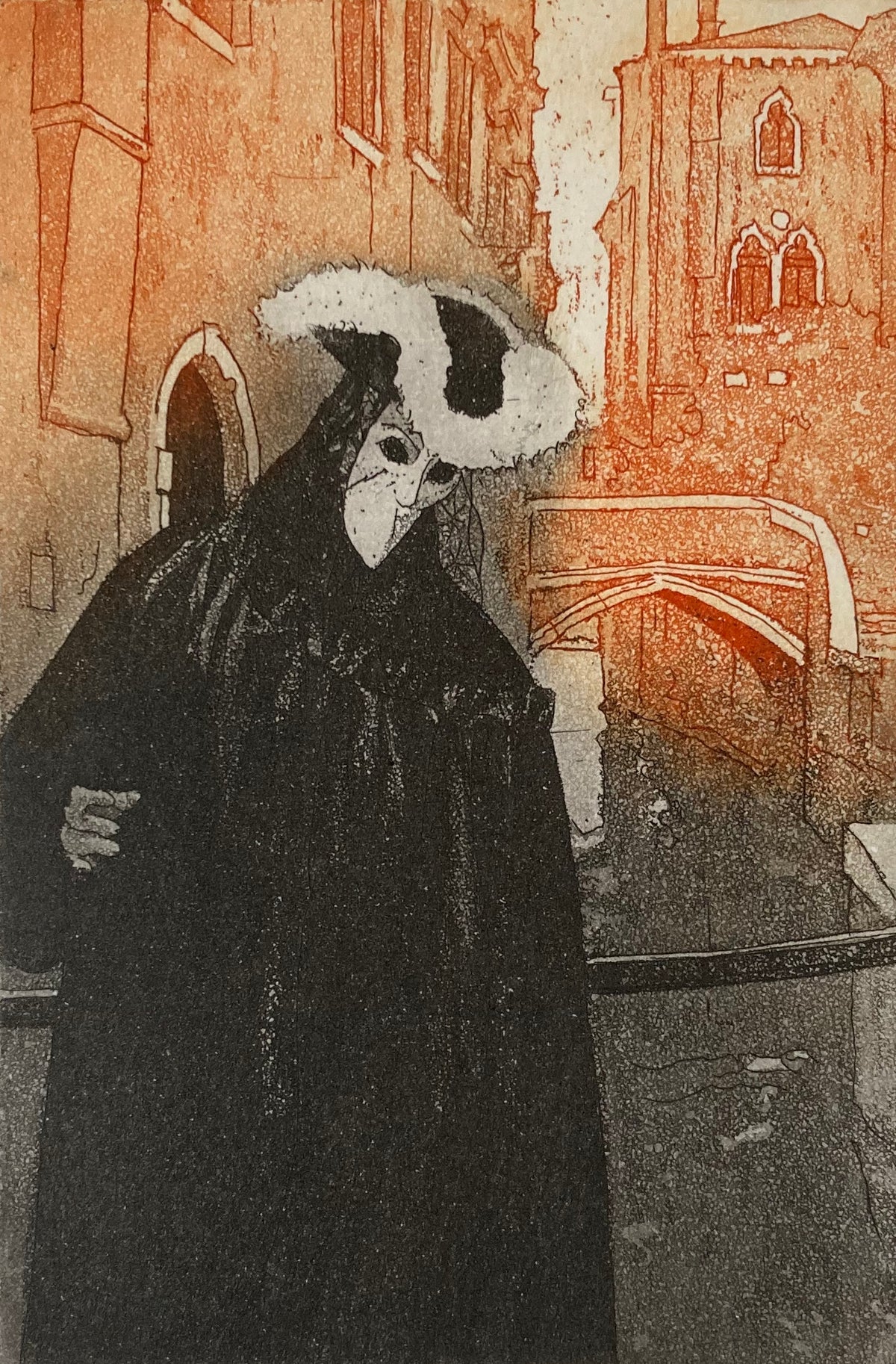 Etching of a single masked figure in Venice Carnival costume