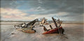 Oil painting of  timber wreck skeleton on the sand at Crow Point under a stormy sky turning pink and blue