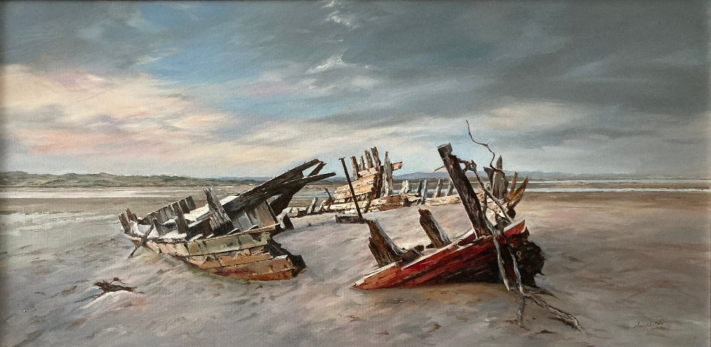 Oil painting of  timber wreck skeleton on the sand at Crow Point under a stormy sky turning pink and blue