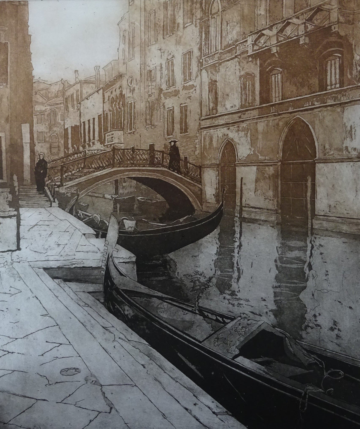 Etching of a cloaked figure on a bridge above two moored gondolas in a Venice canal