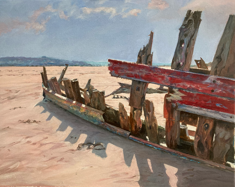 Oil painting of the weathered timber ribs of the Sea Mack wreck casting long shadows across the sand at Crow Point