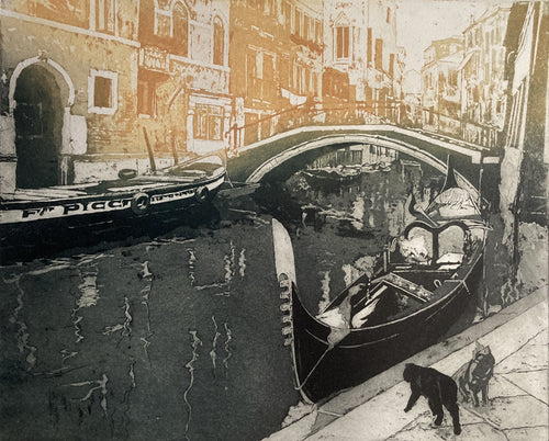 Etching of narrow stone buildings beside the Rio Santa Maria Formosa canal in Venice