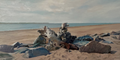 Wide oil painting of weathered driftwood and timber shapes on the beach at Crow Point, Saunton Sands