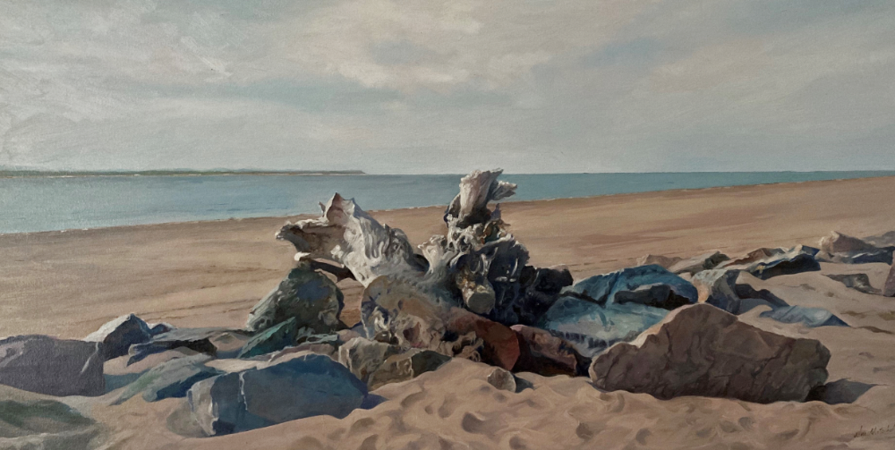 Wide oil painting of weathered driftwood and timber shapes on the beach at Crow Point, Saunton Sands