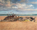 Wide oil painting of low winter sunlight on the timbers of the Sea Mack wreck at Crow Point