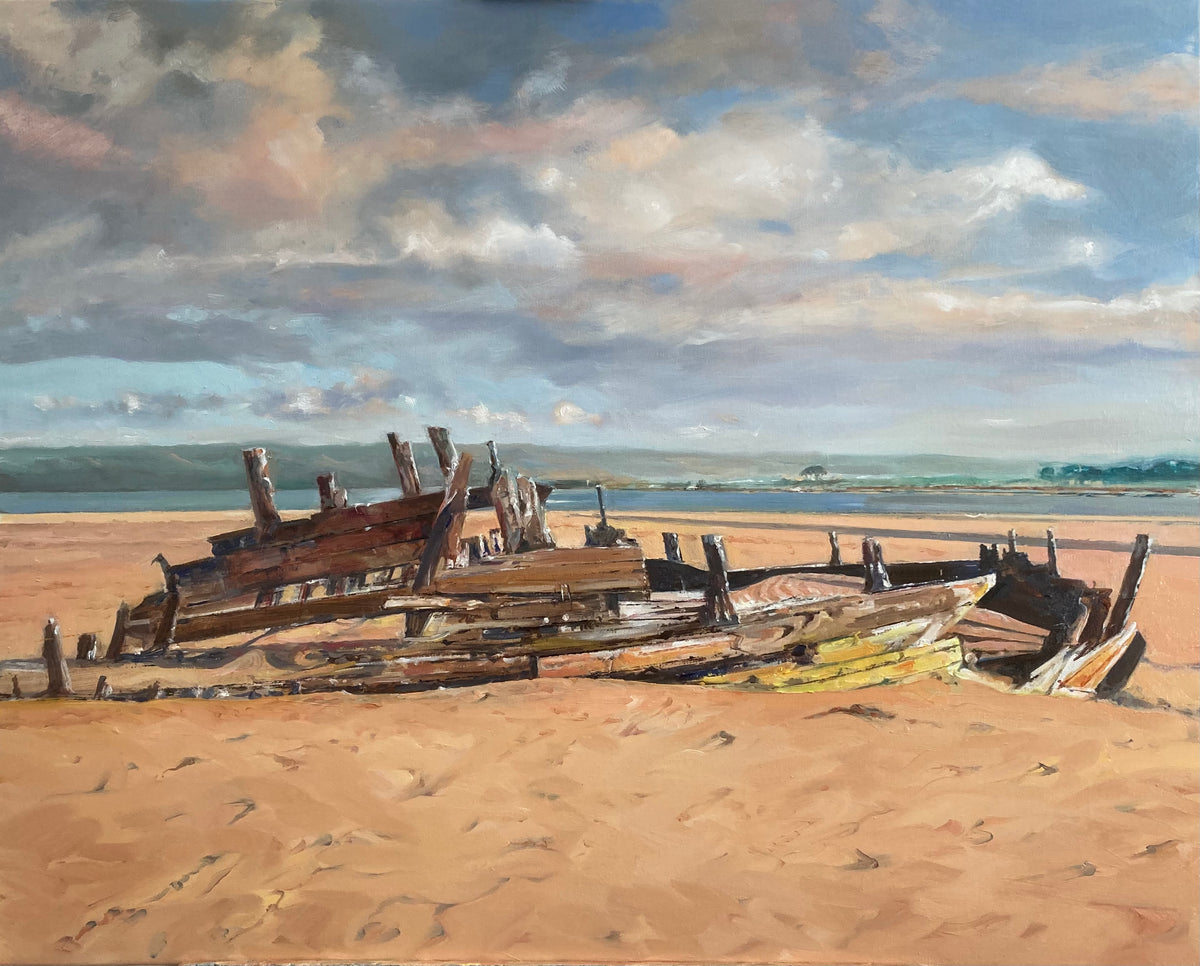 Wide oil painting of low winter sunlight on the timbers of the Sea Mack wreck at Crow Point
