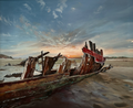 Oil painting of the Sea Mack wreck at Crow Point, Saunton Sands, in the soft light of dusk
