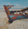 Close-up oil painting of the bow of the Sea Mack wreck with peeling turquoise and red paint and rusted timber