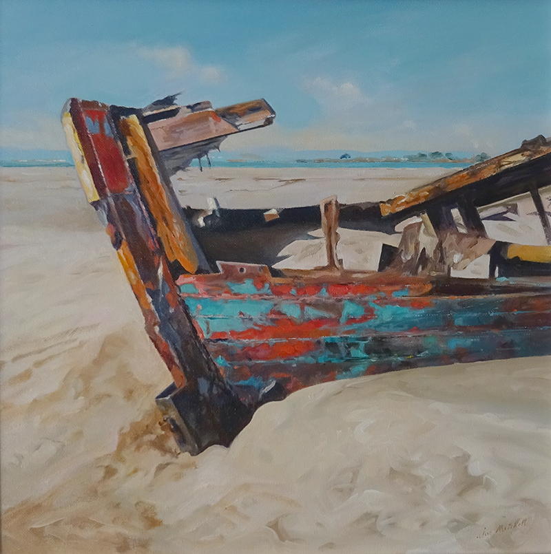 Close-up oil painting of the bow of the Sea Mack wreck with peeling turquoise and red paint and rusted timber