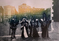 Etching of four masked Carnival figures in black costumes on a Venice waterfront
