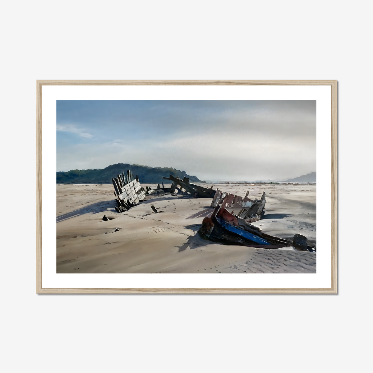 Winter Sunlight on Sea Mack Wreck shown in a frame as an example. (Framed prints available on request.)