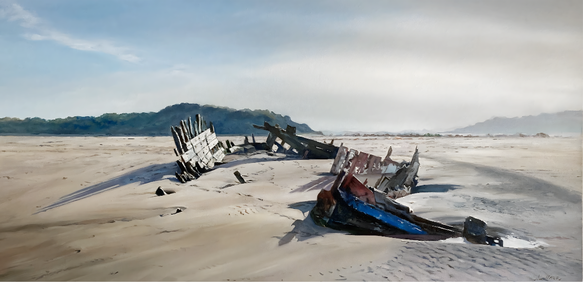 Wide oil painting of low winter sunlight on the timbers of the Sea Mack wreck at Crow Point