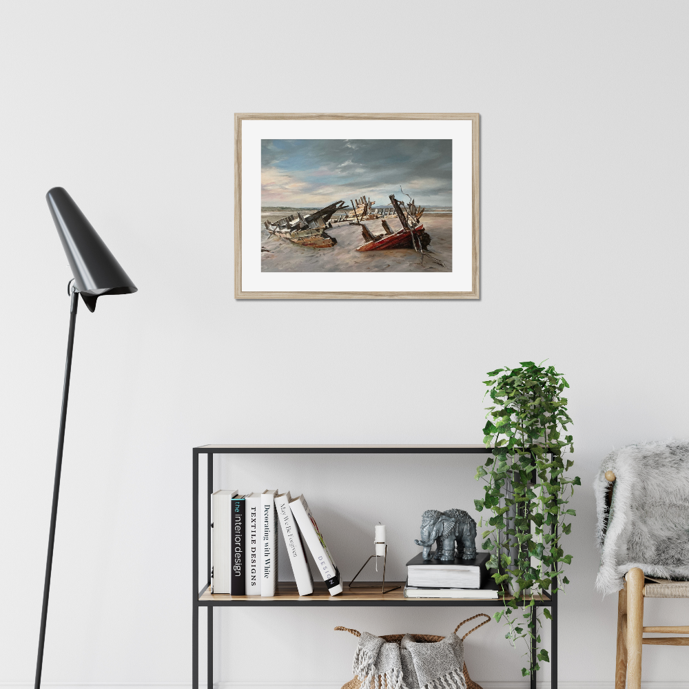 Dark Sky over Sea Mack Wreck shown in a frame in a room as an example. (Framed prints available on request.)