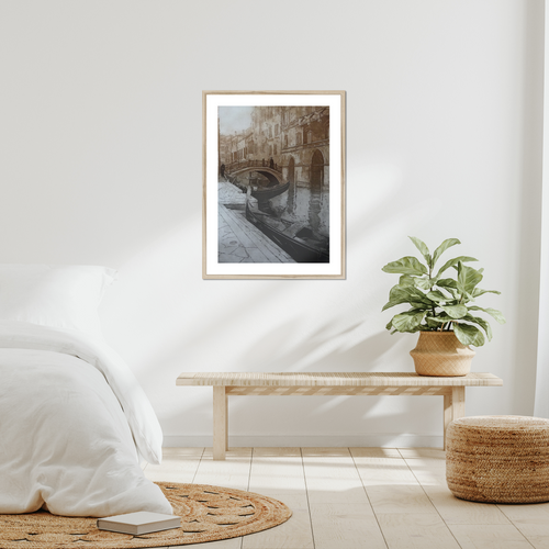 Gondolas and Bridge, Venice shown in a frame in a room as an example. (Framed prints available on request.)
