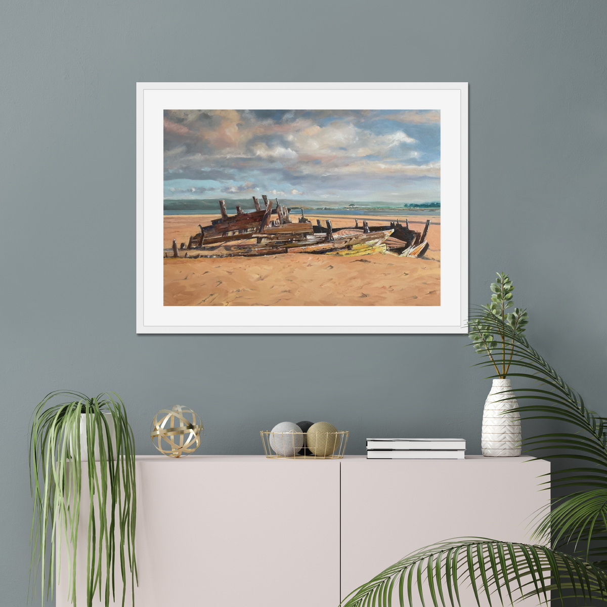 Winter Sunlight on Sea Mack Wreck shown in a frame in a room as an example. (Framed prints available on request.)