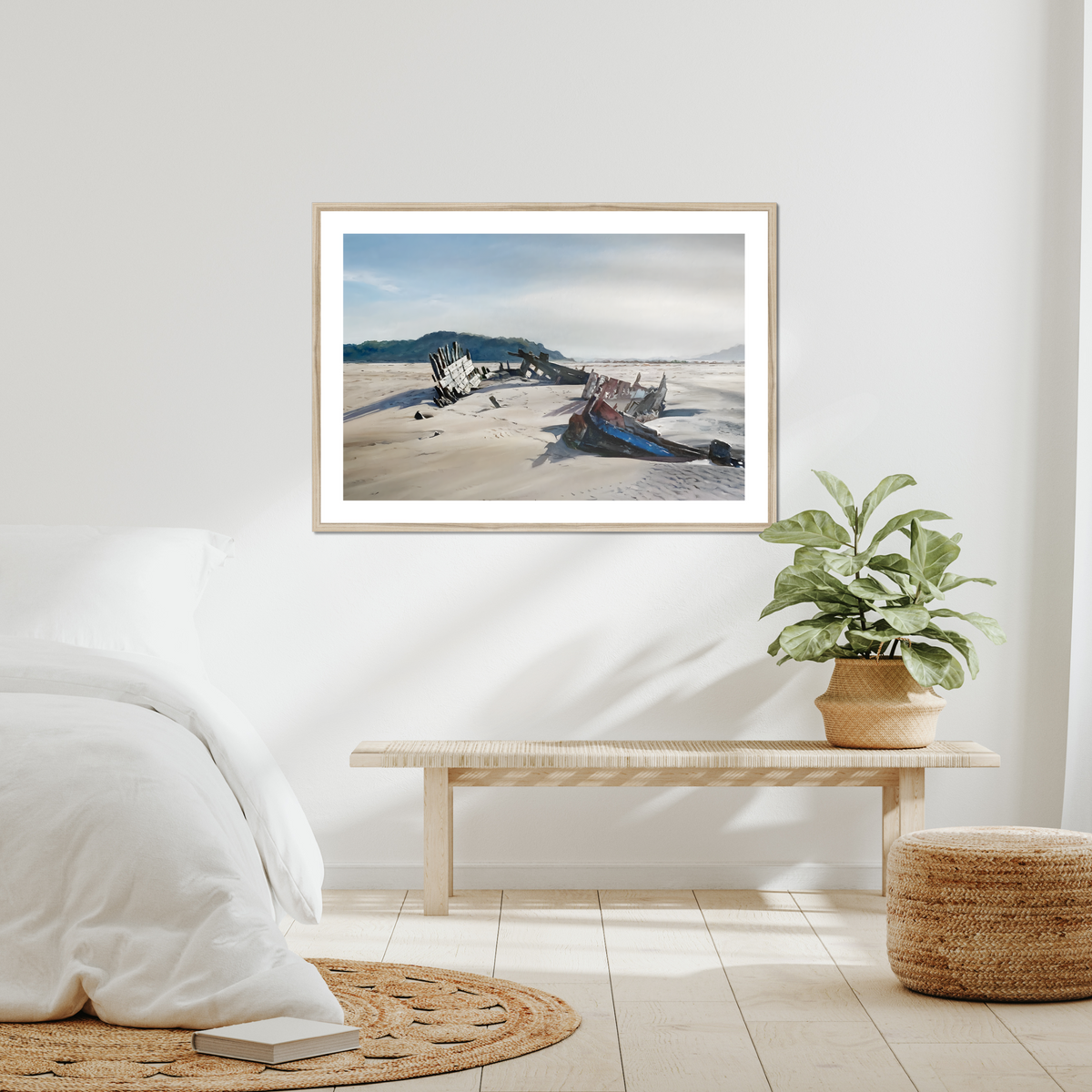 Winter Sunlight on Sea Mack Wreck shown in a frame in a room as an example. (Framed prints available on request.)