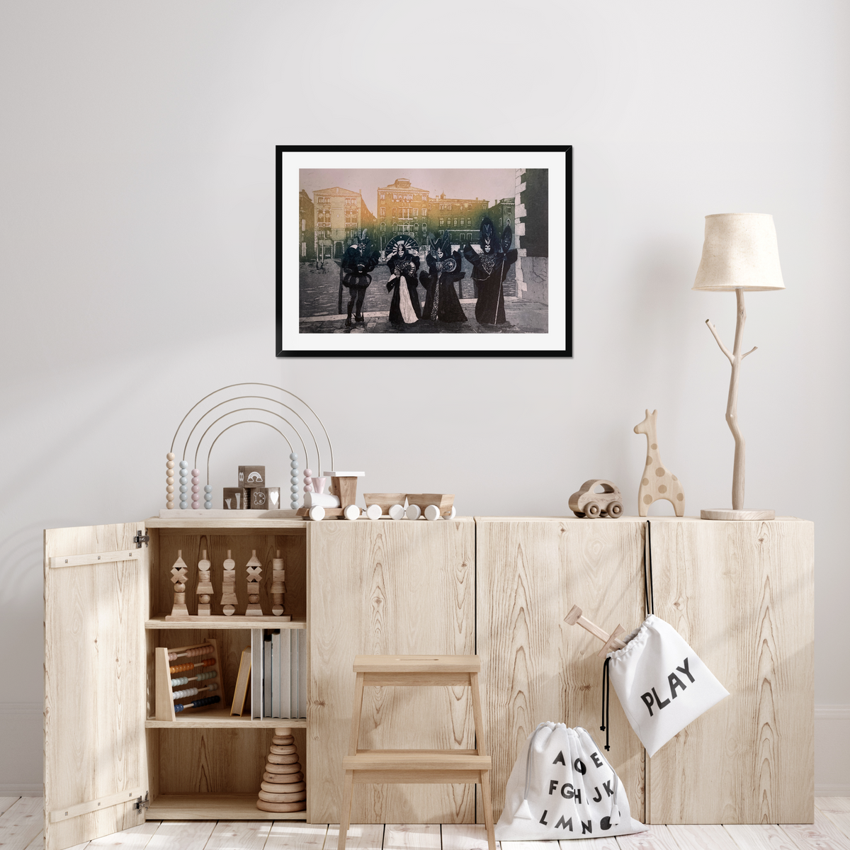 Carnival Procession shown in a frame in a room as an example. (Framed prints available on request.)