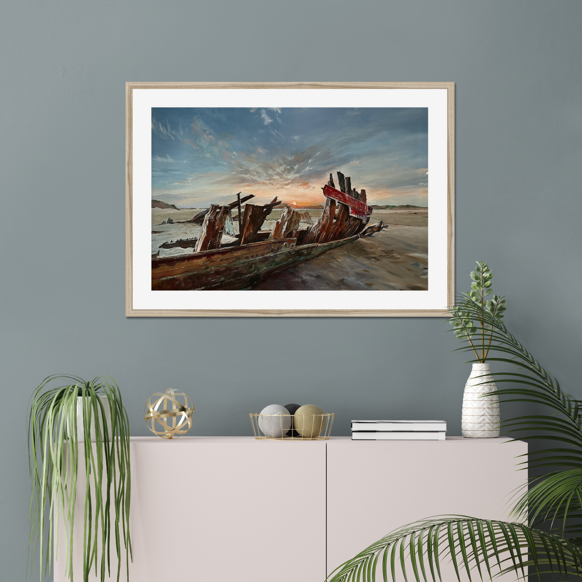 Sea Mack Wreck at Sunset shown in a frame in a room as an example. (Framed prints available on request.)
